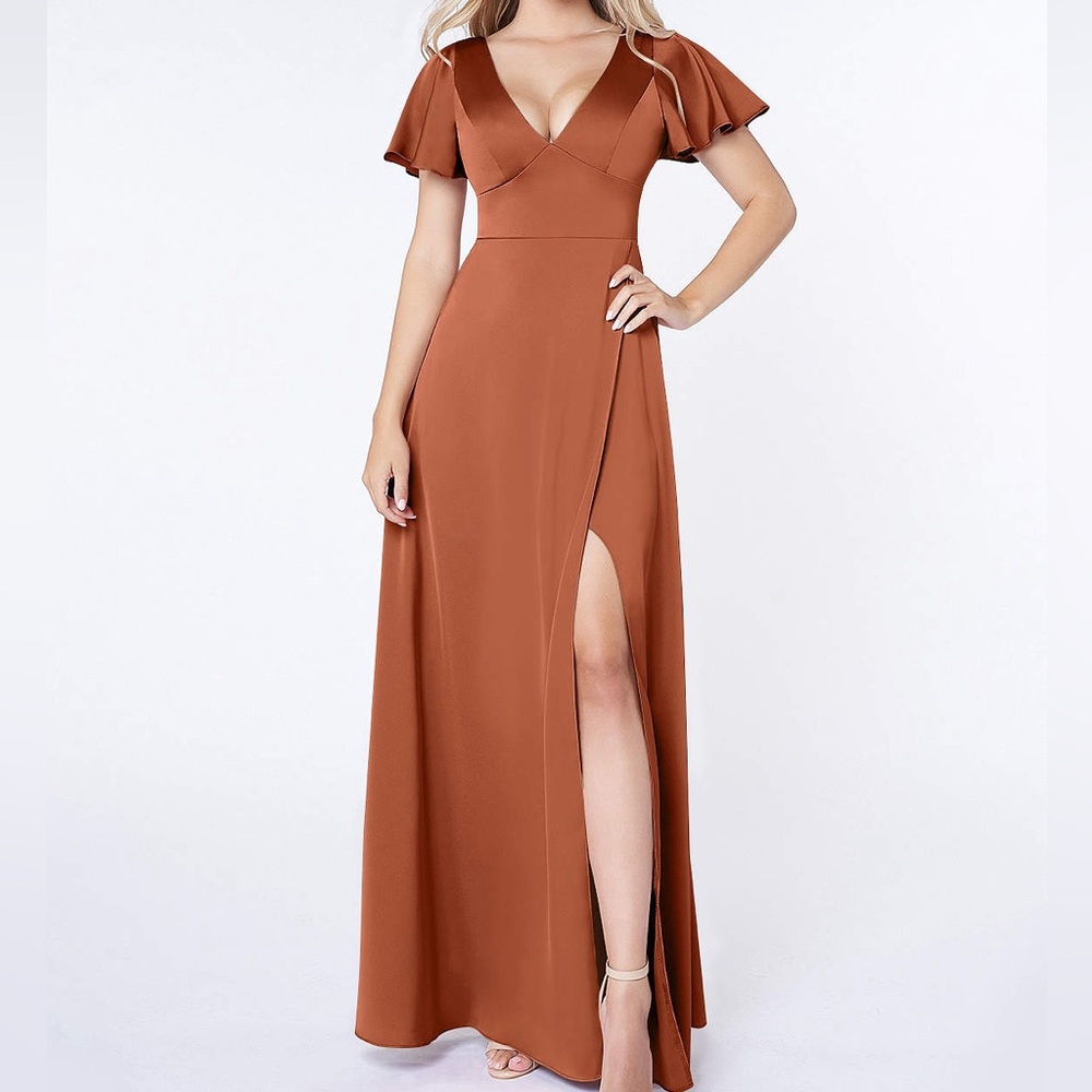 NWT Azazie Lani Stretch Satin Dress Cedar Rose Long Bridesmaid with Dress Bag